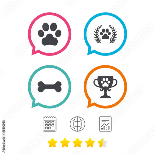 Pets icons. Dog paw sign. Winner laurel wreath.