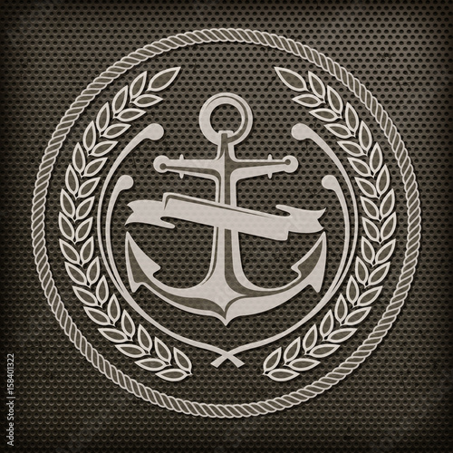Anchor, grey nautical symbol on dark, marine. Vector