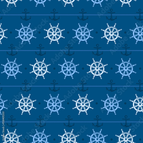 Nautical background with steering wheel, seamless blue pattern.