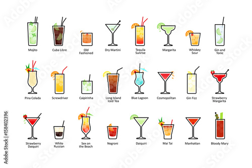 Popular alcoholic cocktails with titles, icons set in flat style on white background