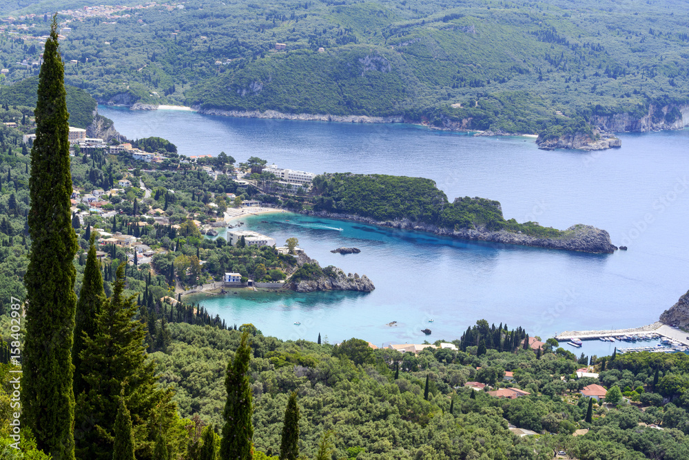 Aerial view of Paleokastritsa coast from Bella Vista. Corfu island, Greece.