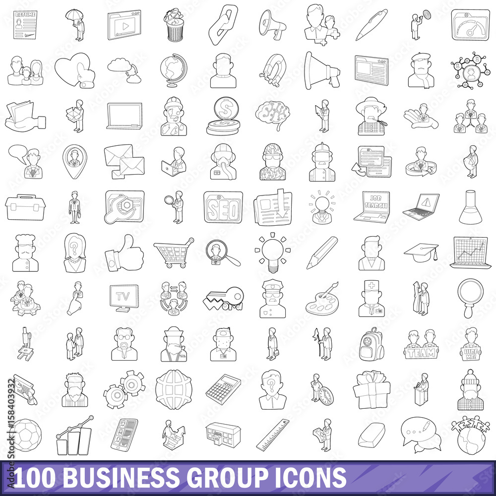 100 business group icons set, outline style