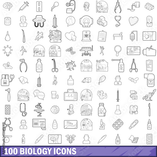 100 biology icons set, outline style