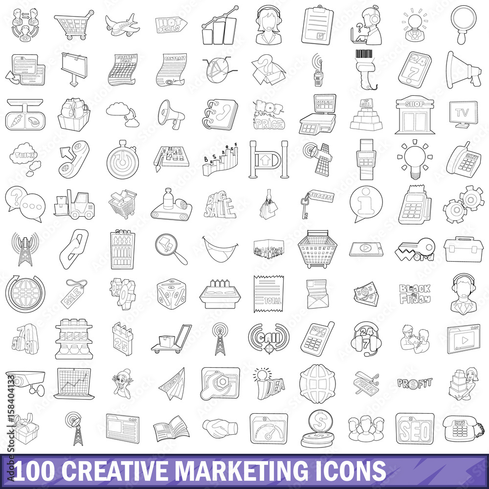 100 creative marketing icons set, outline style 100 creative marketing icons set, outline style