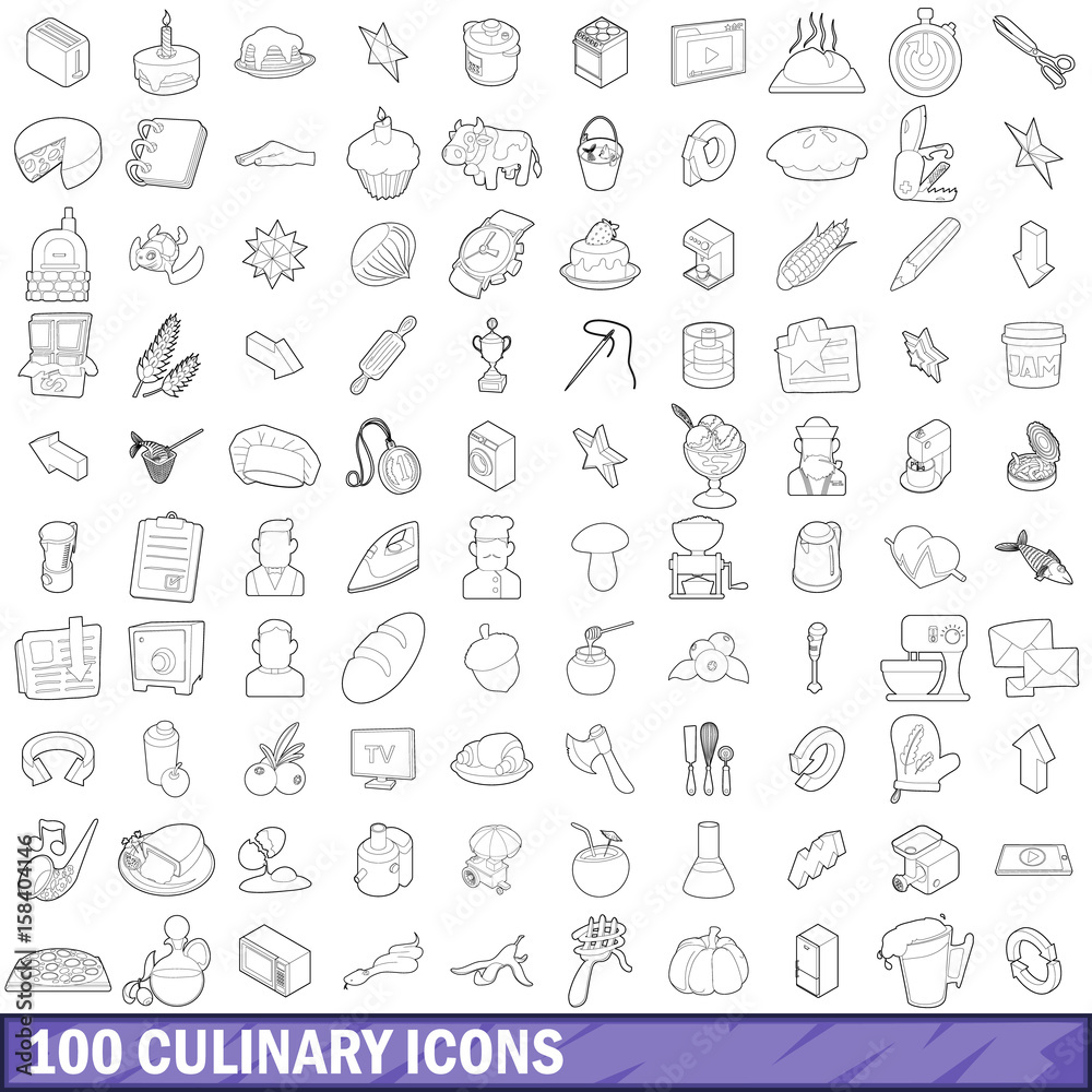 100 culinary icons set, outline style 100 culinary icons set, outline style