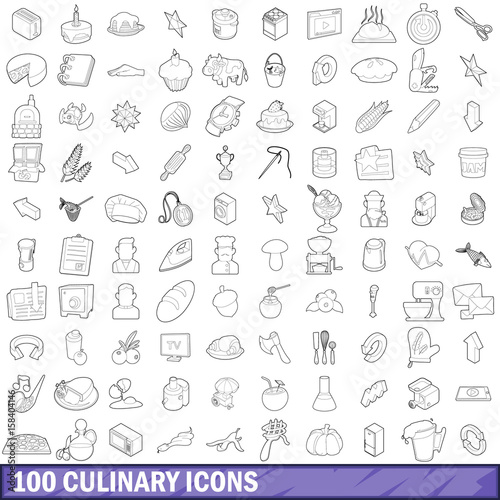 100 culinary icons set  outline style