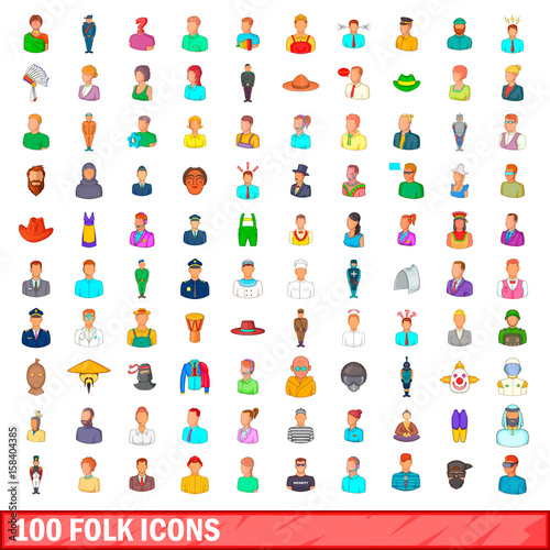 100 folk icons set, cartoon style
