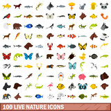 100 live nature icons set, flat style