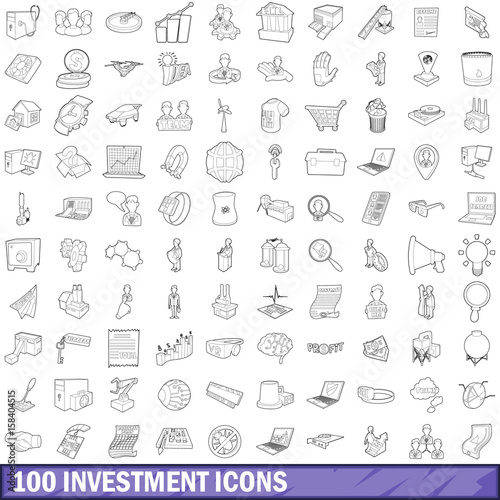 100 investment icons set  outline style