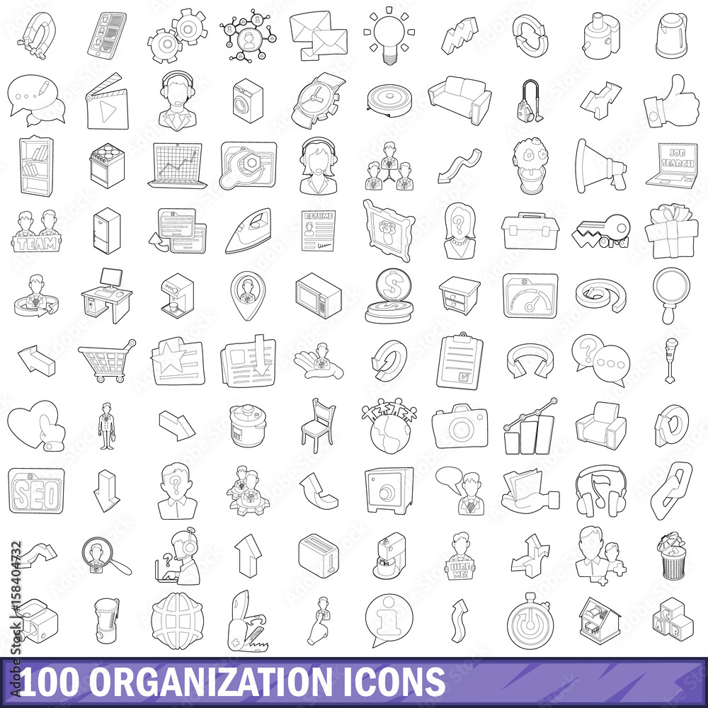 100 organization icons set, outline style