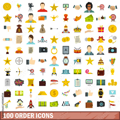 100 order icons set, flat style