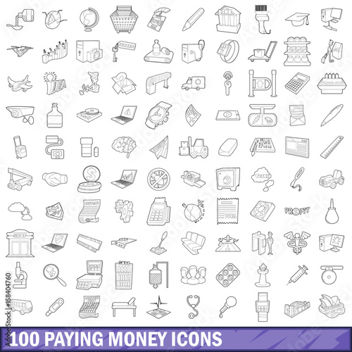 100 paying money icons set  outline style