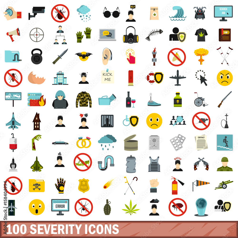 100 severity icons set, flat style