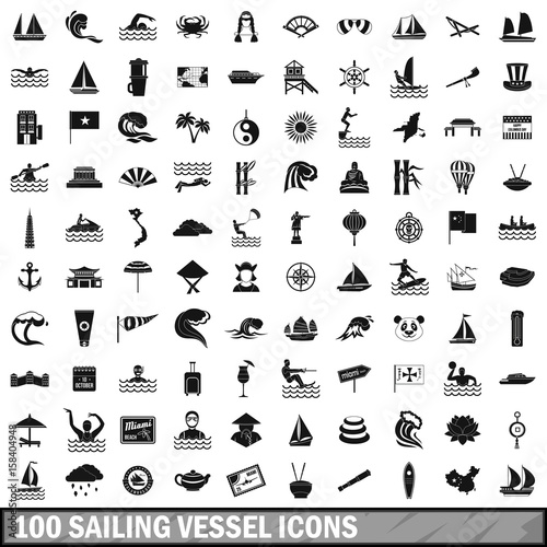 100 sailing vessel icons set, simple style 
