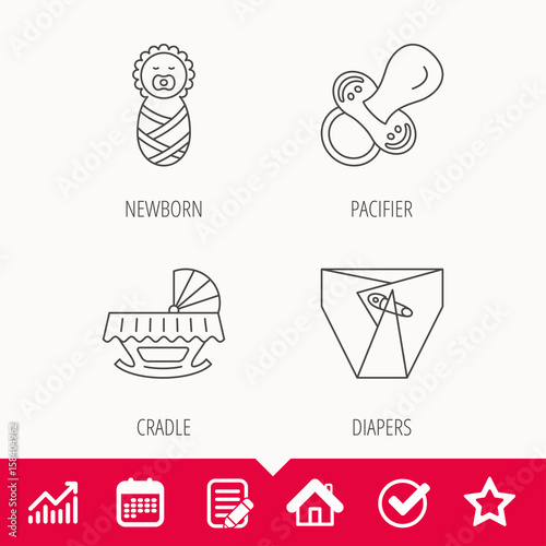 Pacifier  newborn and diapers icons. Cradle bed linear sign. Edit document  Calendar and Graph chart signs. Star  Check and House web icons. Vector