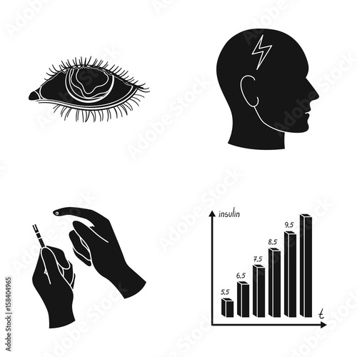 Poor vision, headache, glucose test, insulin dependence. Diabetic set collection icons in black style vector symbol stock illustration web.