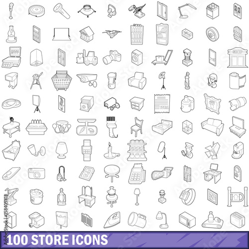 100 store icons set, outline style