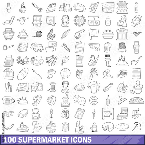 100 supermarket icons set, outline style