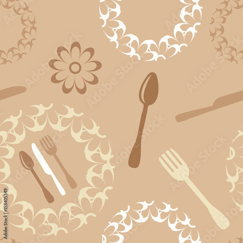 Vector seamless pattern with knives, forks, spoons and plates