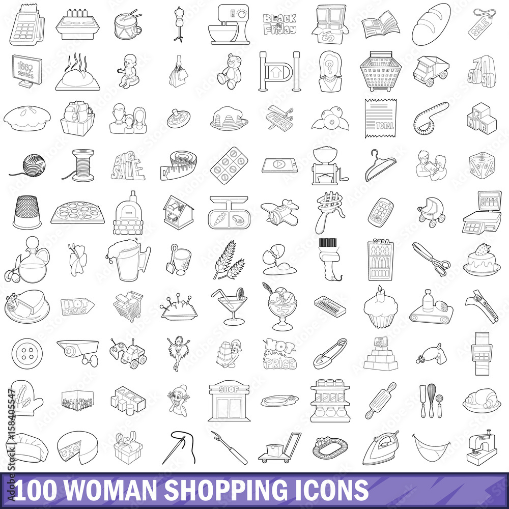 100 woman shopping icons set, outline style