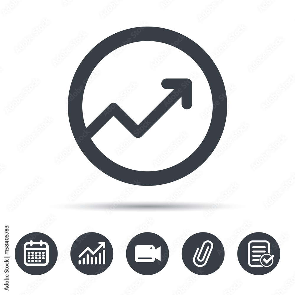 Growing graph icon. Business analytics chart symbol. Calendar, chart and checklist signs. Video camera and attach clip web icons. Vector Growing graph icon. Business analytics chart symbol. Calendar, chart and checklist signs. Video camera and attach clip web icons. Vector