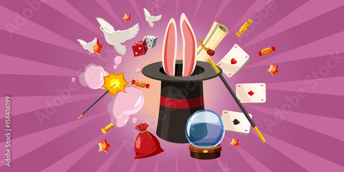 Magician rabbit banner horizontal, cartoon style