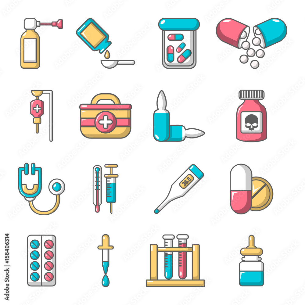 Drug medicine icons set, cartoon style Drug medicine icons set, cartoon style