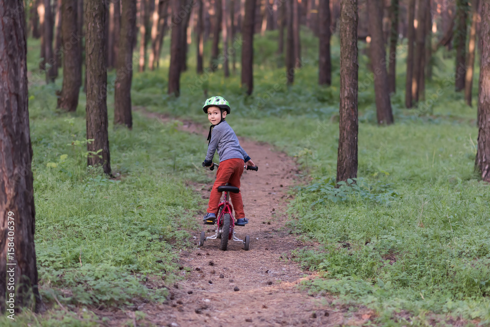 Child riding a bicycle. Kid in a helmet riding a bike in the forest. Beautiful baby. Authentic color.