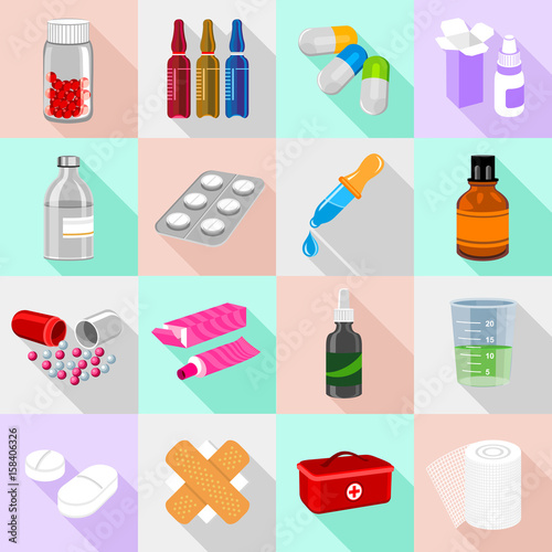 Drug forms icons set, flat style