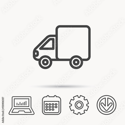 Delivery truck icon. Transportation car sign. Logistic service symbol. Notebook, Calendar and Cogwheel signs. Download arrow web icon. Vector