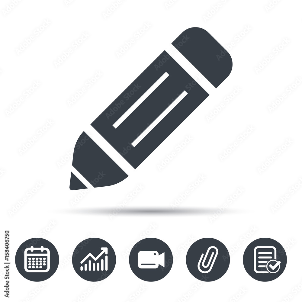 Edit icon. Pencil for drawing symbol. Calendar, chart and checklist signs. Video camera and attach clip web icons. Vector Edit icon. Pencil for drawing symbol. Calendar, chart and checklist signs. Video camera and attach clip web icons. Vector