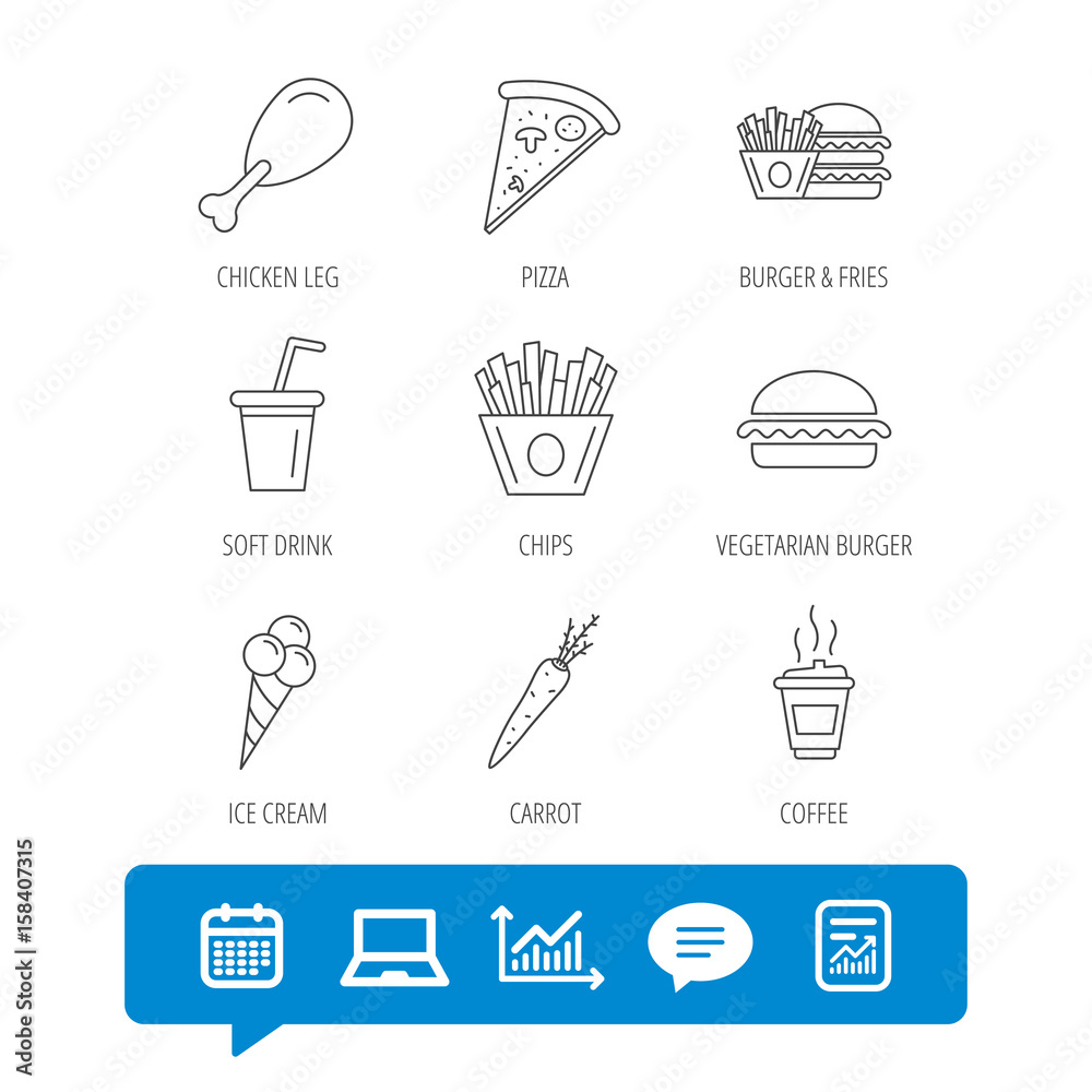 Vegetarian burger, pizza and soft drink icons. Coffee, ice cream and chips fries linear signs. Chicken leg, carrot icons. Report file, Graph chart and Chat speech bubble signs. Vector Vegetarian burger, pizza and soft drink icons. Coffee, ice cream and chips fries linear signs. Chicken leg, carrot icons. Report file, Graph chart and Chat speech bubble signs. Vector