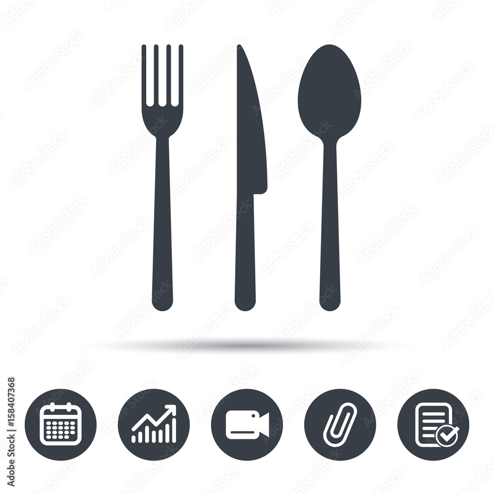 Fork, knife and spoon icons. Cutlery symbol. Calendar, chart and checklist signs. Video camera and attach clip web icons. Vector Fork, knife and spoon icons. Cutlery symbol. Calendar, chart and checklist signs. Video camera and attach clip web icons. Vector