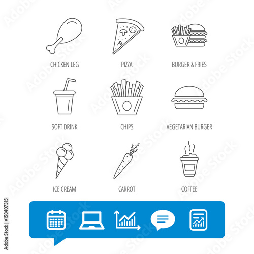 Vegetarian burger  pizza and soft drink icons. Coffee  ice cream and chips fries linear signs. Chicken leg  carrot icons. Report file  Graph chart and Chat speech bubble signs. Vector