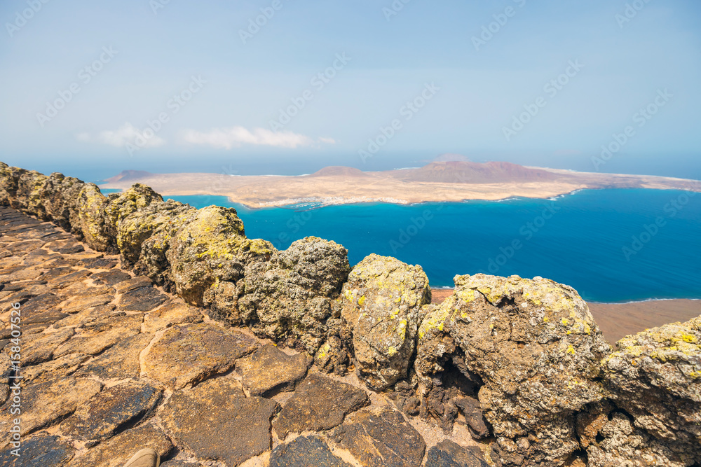 Impressive view from Mirador del Rio to island of La Graciosa, Lanzarote, Canary islands