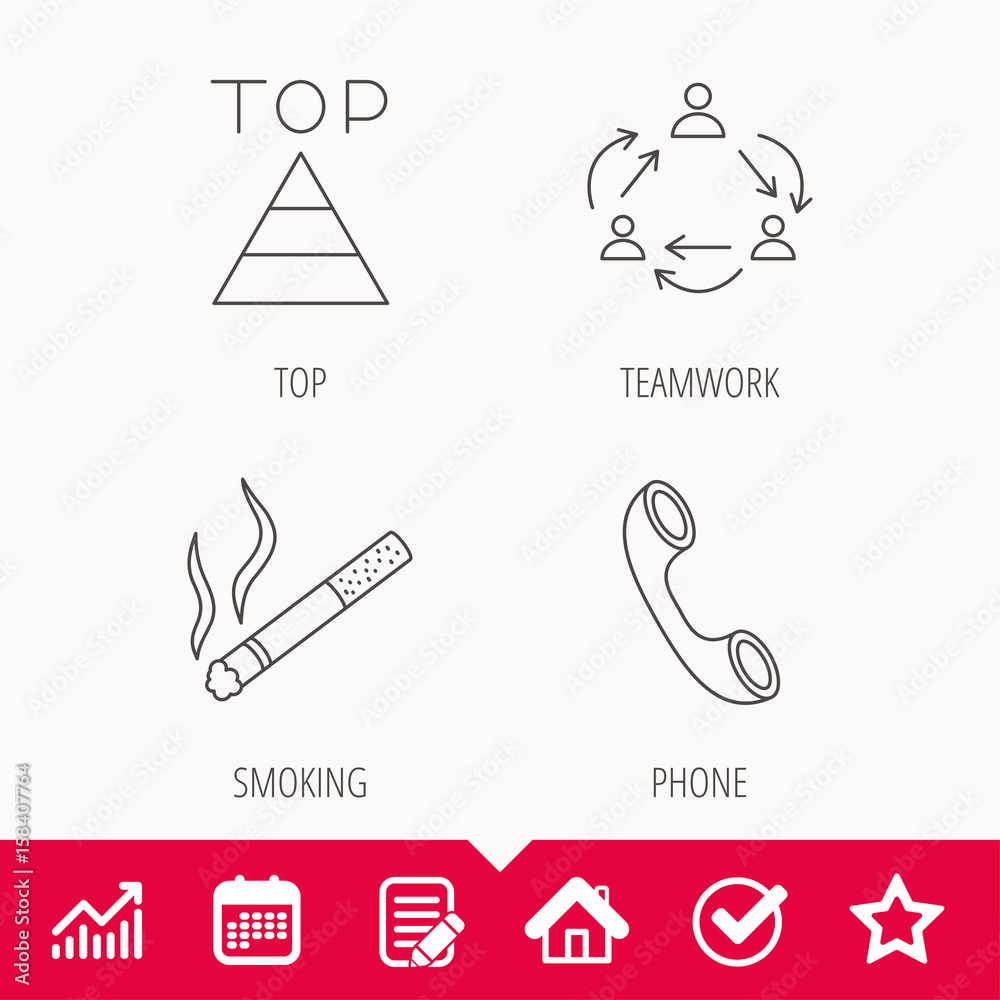 Fototapeta premium Teamwork, smoking and phone call icons. Top linear sign. Edit document, Calendar and Graph chart signs. Star, Check and House web icons. Vector