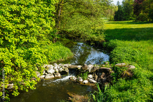 Stream flowing through the spring dendrological garden