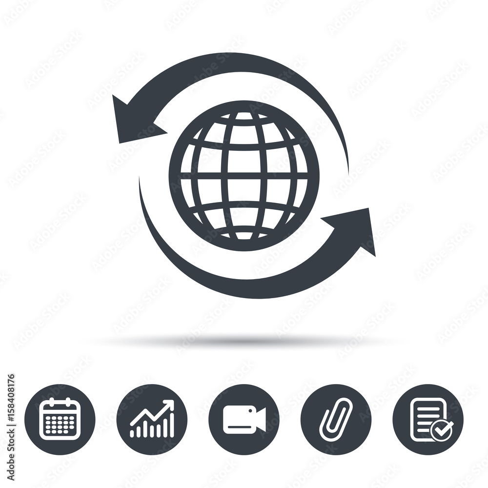 Globe icon. World or internet symbol. Calendar, chart and checklist signs. Video camera and attach clip web icons. Vector Globe icon. World or internet symbol. Calendar, chart and checklist signs. Video camera and attach clip web icons. Vector
