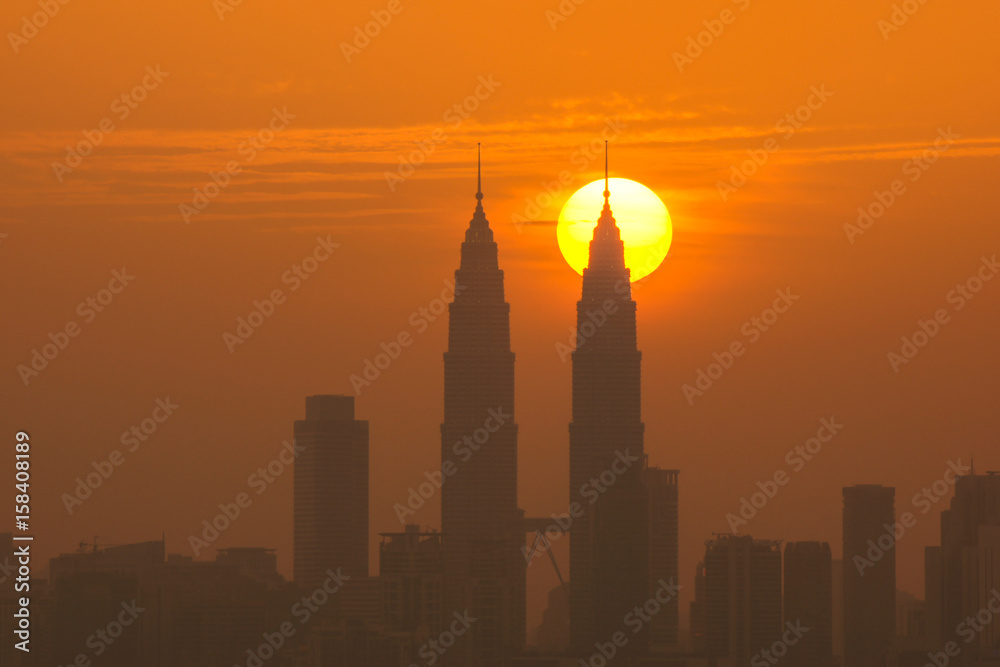 View of majestic sunset in downtown Kuala Lumpur, Malaysia