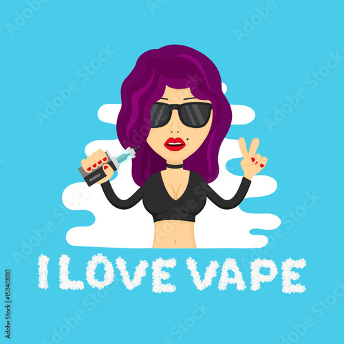 Young hipster sexy beauty woman girl profile with vape. Flat vector isolated illustration. vaping shop, addiction, liquid, no nicotine, no smoking, e-cigarette, vaporize, vapor concept. Cloud letters
