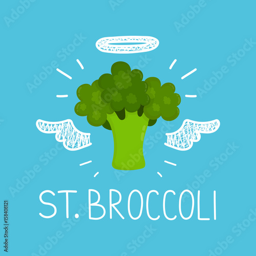 Heaven broccoli concept "St. broccoli" with angel halo and wings. Flat and doodle vector isolated illustration icon design. healthy food, love broccoli,vegan,vegetarian, card,poster,raw concept design