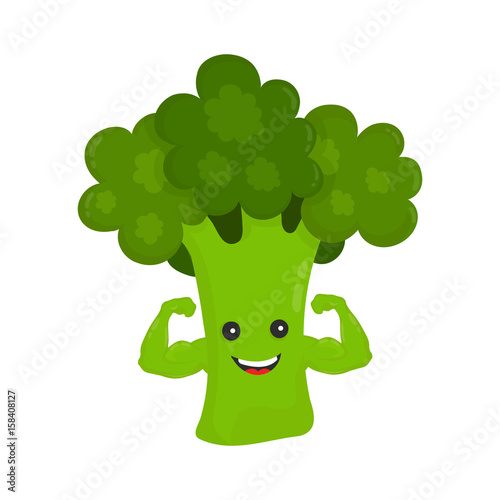 Happy smile strong broccoli show biceps muscles. Vector modern flat style cartoon character illustration icon design.Isolated on white background. Healthy food power. good nutrition,vegetarian concept