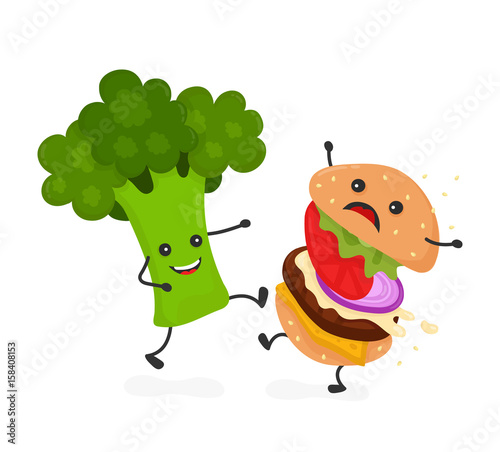 Happy smile strong broccoli kick burger, hamburger. Vector modern flat style cartoon character illustration icon design.Isolated on white background. Healthy food against unhealthy fast food.Nutrition