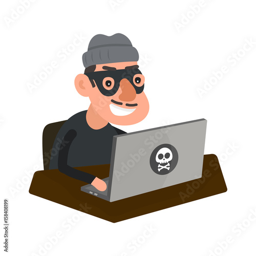 Robber hacker with laptop computer. Vector modern flat style cartoon character illustration icon design.Isolated on white background. Network fraud, web pirate, russian computer crime, hacking
