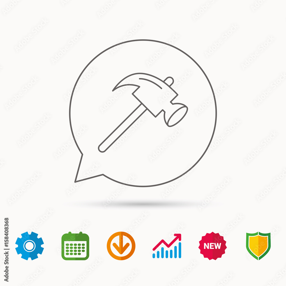 Hammer icon. Repair or fix sign. Construction equipment tool symbol. Calendar, Graph chart and Cogwheel signs. Download and Shield web icons. Vector Hammer icon. Repair or fix sign. Construction equipment tool symbol. Calendar, Graph chart and Cogwheel signs. Download and Shield web icons. Vector