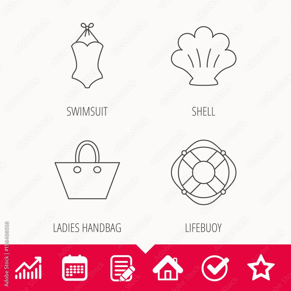 Ladies handbag, shell and swimsuit icons. Lifebuoy linear sign. Edit document, Calendar and Graph chart signs. Star, Check and House web icons. Vector