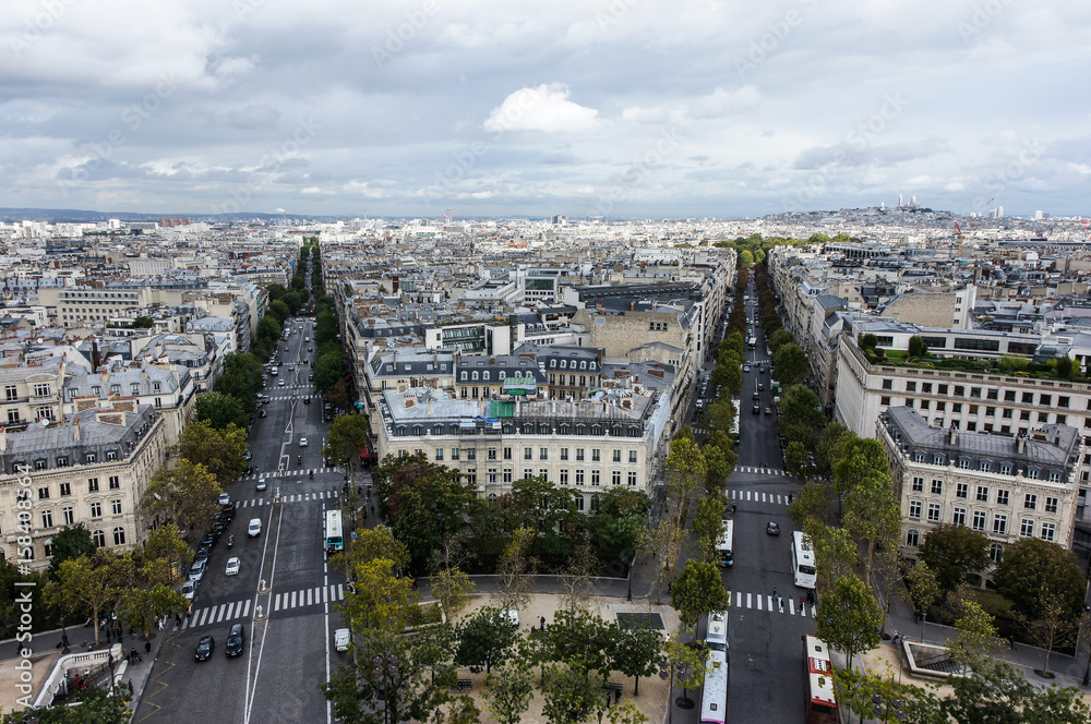 Beautiful view of Paris from the top of Arc de Triomphe