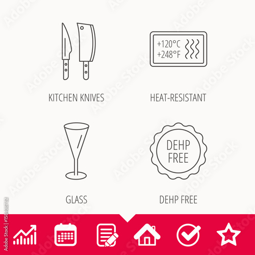 Kitchen knives, glass and heat-resistant icons. DEHP free linear sign. Edit document, Calendar and Graph chart signs. Star, Check and House web icons. Vector