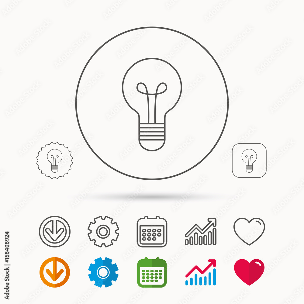 Lamp icon. Idea and solution sign. Calendar, Graph chart and Cogwheel signs. Download and Heart love linear web icons. Vector Lamp icon. Idea and solution sign. Calendar, Graph chart and Cogwheel signs. Download and Heart love linear web icons. Vector
