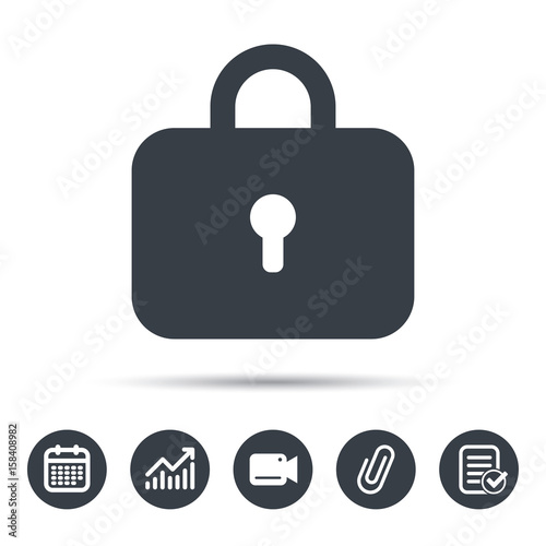 Lock icon. Privacy locker sign. Closed access symbol. Calendar, chart and checklist signs. Video camera and attach clip web icons. Vector